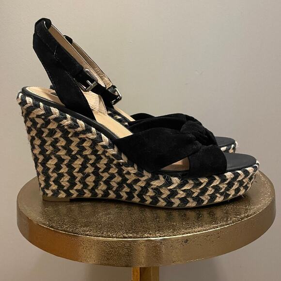 Frye Size 9M Black Suede Wedge Sandals | Braided Espadrille Heel, Sold Out, New - Picture 3 of 10